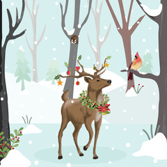 Obraz na płótnie Canvas reindeer and cardinal bird in winter forest