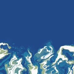 アクリルフルイドアートの正方形抽象テンプレート）青い背景に白と緑のマーブル　液体やインクのテクスチャ