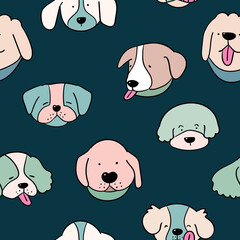 Seamless Pattern with Cartoon Dog Face Design on Dark Blue Background