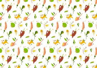 Pattern with abstract natural shapes. Decorative background. Hand drawn vector elements in modern style.  Stylized shapes of vegetables, fruits, flowers, spices and seasonings.