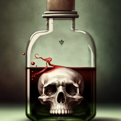Poison Bottle of Red Liquid and Human Skull in Bottle | Created using Midjourney and Photoshop