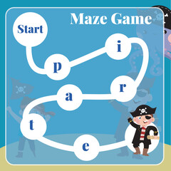 Maze game for children. Pirates worksheet theme. Educational printable sheet. Vector file.