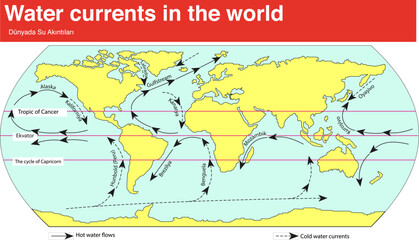 Water currents in the world (Hot water flow - discharge of cold water)