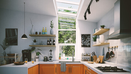 kitchen interior with orange and white color, 3d rendering
