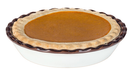 Pumpkin pie in a ceramic pan. Isolated on transparent background.