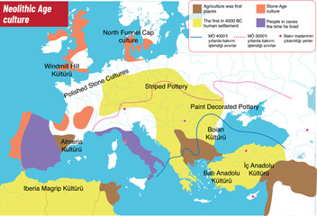 Neolithic Age culture map, Agriculture was first places, People in caves the time he lived,