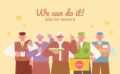 Elderly jobs promotion banner. A collection of senior characters with various occupations.