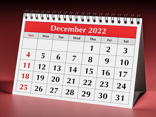 One page of the annual business desk monthly calendar. Date - month December 2022