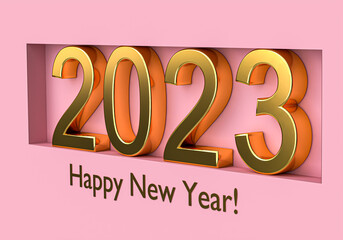 New year concept. Gold numbers 2023 on pink background