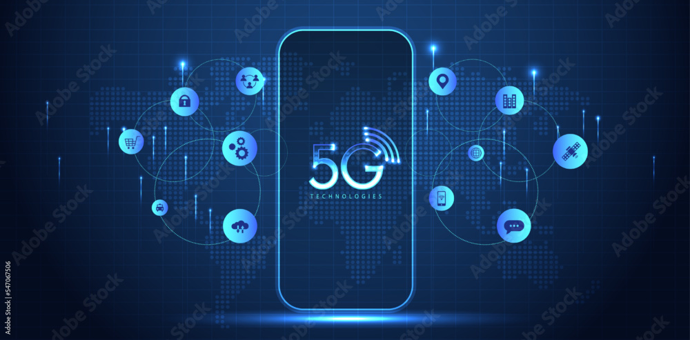 Aufkleber 5g technology with computer and mobine network connection line between building. connectivity and gl