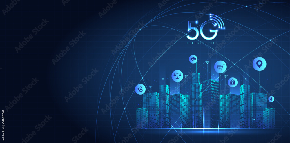 Aufkleber 5g technology with computer network connection line between building. connectivity and global networ