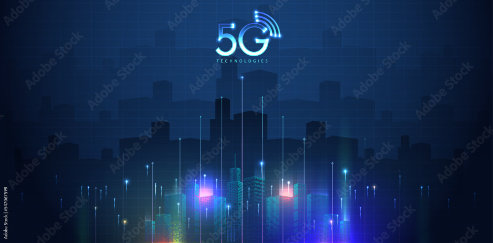 Aufkleber 5g technology with computer and mobine network connection line between building. connectivity and gl