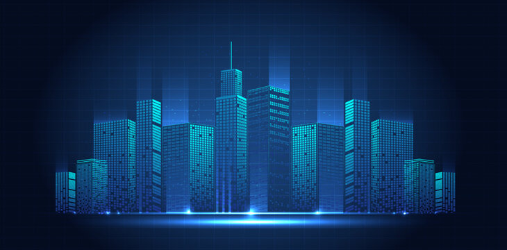Dots building and city scene on night time. digital or smart cityscape background landscape abstract futuristic. vector design.