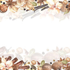 Spices Watercolor. Set. Illustration for clipart. Designed for menus, culinary blogs, packaging, textiles, web design, sites, stickers, invitations, patterns, logos. Drawn by hand.