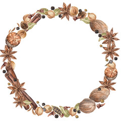 Spices Watercolor. Set. Illustration for clipart. Designed for menus, culinary blogs, packaging, textiles, web design, sites, stickers, invitations, patterns, logos. Drawn by hand.