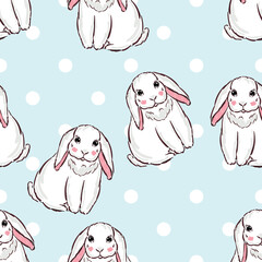 Seamless pattern with rabbit cartoons and polka dots on blue background vector illustration. Cute childish print.