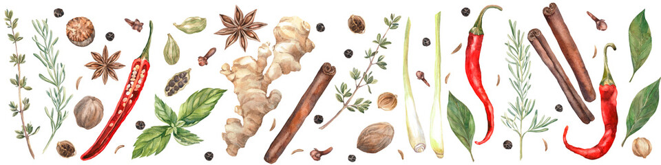 Spices Watercolor. Set. Illustration for clipart. Designed for menus, culinary blogs, packaging, textiles, web design, sites, stickers, invitations, patterns, logos. Drawn by hand. - obrazy, fototapety, plakaty