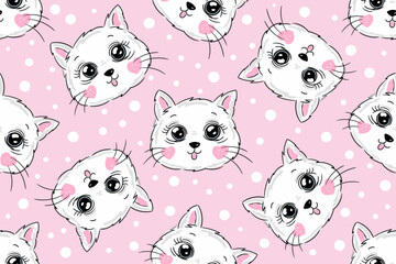 Cute cats faces seamless pattern. Nursery design for children with kittens and white dots on girlish pink background