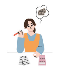 Woman worried about paying Bills. Hand drawn style vector design illustrations.