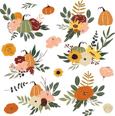 Vector autumn flowers with pumpkins