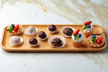 Sweets platter on banquet table with cocolate candies and cupcakes