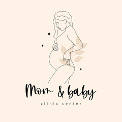 Obraz na płótnie Canvas Mom and baby logo. Logotype for maternity hospital with pregnant woman in linear style. Pregnancy and motherhood. Modern vector hand drawn illustration. Clinic center and health care.
