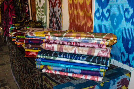 The stacks of silks in a shop in Margilan.