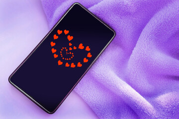 Smartphone screen with red hearts. Youth culture. Love, connection, dating  concept