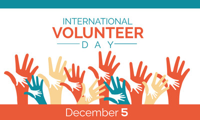 Volunteer day minimalist vector banner, poster, background with hands and hearts. One continuous line drawing with text international volunteer day.