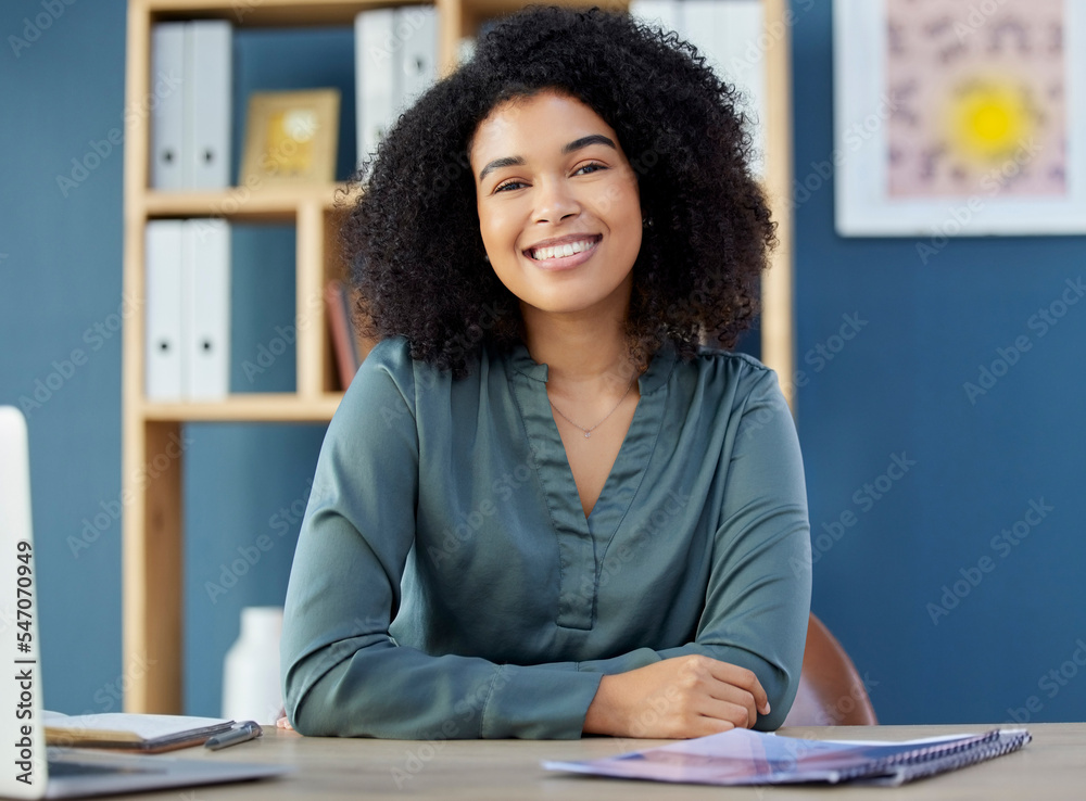 Poster Black woman afro, portrait smile and management with vision, ambition or career success for design at the office. Confident African American female designer smiling for successful marketing business