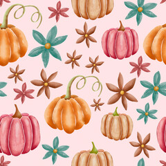 Orange and pink hand drawn watercolor pumpkins with flowers on pink, seamless repeating surface pattern design