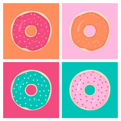 set of 4 donuts on colored squares in retro style