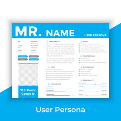 User Persona Document Template Vector Illustration. Examples of User Personas template. Persona Document. Persona Template for UI UX designer. User Persona vector horizontal template with blue color. 