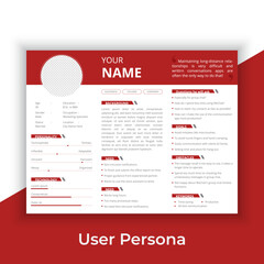 User Persona Document Template Vector Illustration. Examples of User Personas template. Persona Document. Persona Template for UI UX designer. User Persona vector horizontal template with blue color. 
