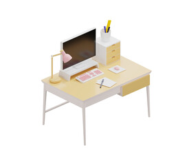 Desk with computer on white background. Clipping path included. 3D rendering