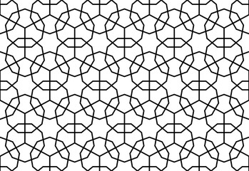 Modern style geometric tessellated line art shapes of 9-sided nonagons, hexagons and stars in a repeating pattern in black outline, PNG transparent background
