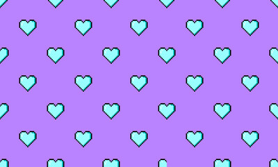 seamless purple background with pixel art light blue hearts pattern vector