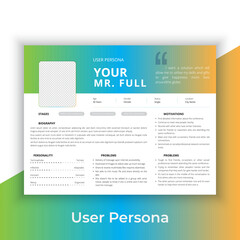 User Persona Document Template Vector Illustration. Examples of User Personas template. Persona Document. Persona Template for UI UX designer. User Persona vector horizontal template with blue color. 