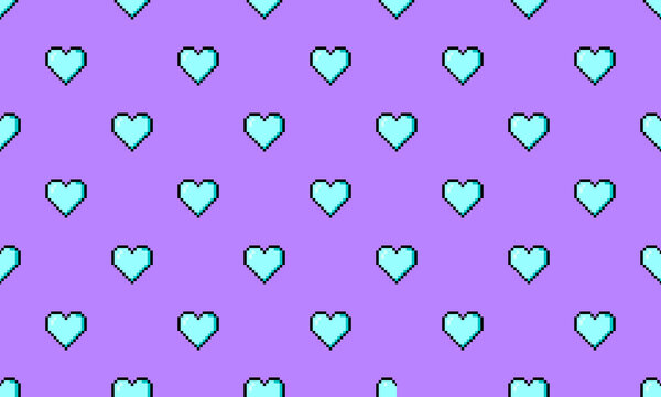 seamless purple background with pixel art light blue hearts pattern vector