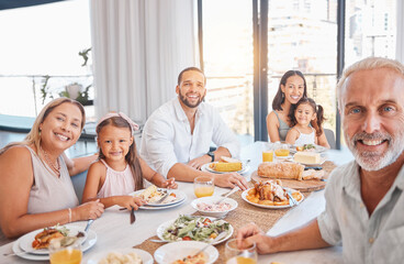 Family, selfie and smile with food and together for lunch or dinner meal, generations and happiness at family home. Grandparents, parents and girl children bonding, nutrition and happy in portrait.