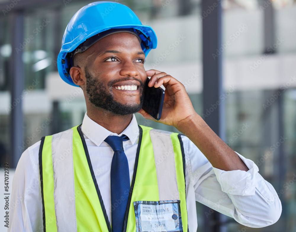 Poster engineer, phone call and communication while networking, contact and happy smile, conversation and t