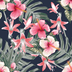 Seamless floral pattern pink Hibiscus and lily flowers on isolated  background.Vector illustration watercolor hand drawning.For fabric print design texture