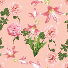 Foto op Plexiglas Seamless pattern floral with pink rose and lily flowers abstract background.Vector illustration watercolor hand drawning.For fabric pattern print design. © NOPPHACHAI