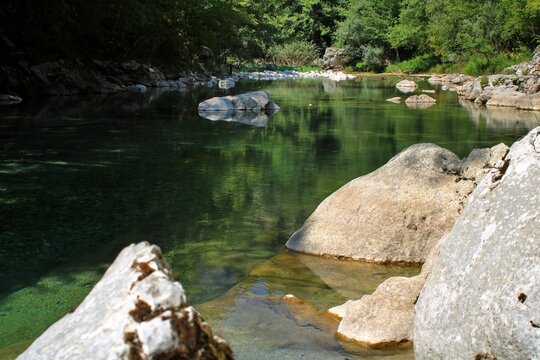 Rocks by green pond water with rocky trees around on a sunny day