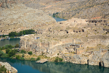 Fototapeta na wymiar Medieval and Late Rome dated castle called Rumkale riverside of Euphrates in Gaziantep