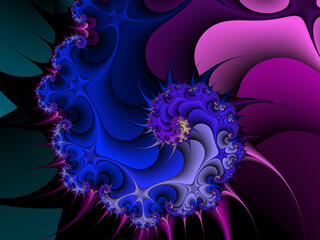 Blue pink violet spiral, abstract fractal background with flowers