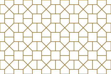 Octagon and squares geometric repeat grid pattern in gold outline, PNG transparent background
