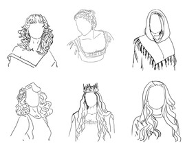 set of linear images of faceless women. cartoon sketch on a white background