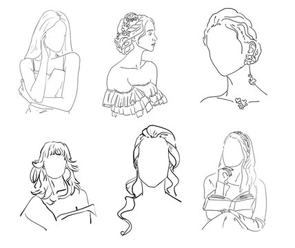 set of linear images of faceless women. cartoon sketch on a white background