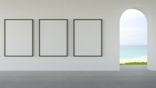 Empty arch door on concrete floor in modern beach house. Home interior 3d rendering of white living room with sea view background.